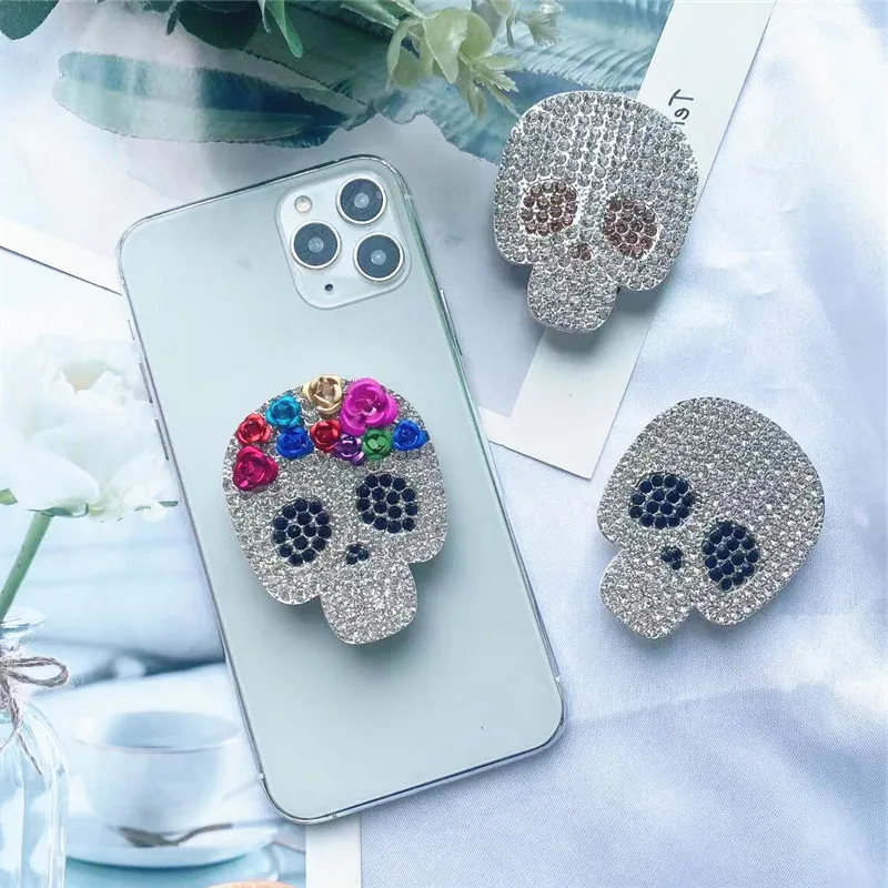 Портативный Блестящий бриллиантовый кронштейн в виде черепа складной держатель