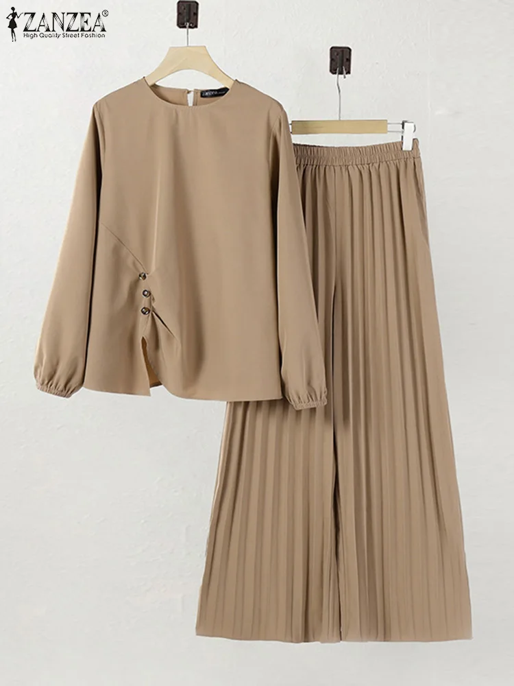 2pcs ZANZEA Spring Outfits Muslim Women Elegant Matching Sets Casual Long Sleeve Tops Trousers Suit IsIamic Hijab Tracksuit muslim sets,muslim women top,muslim trousers