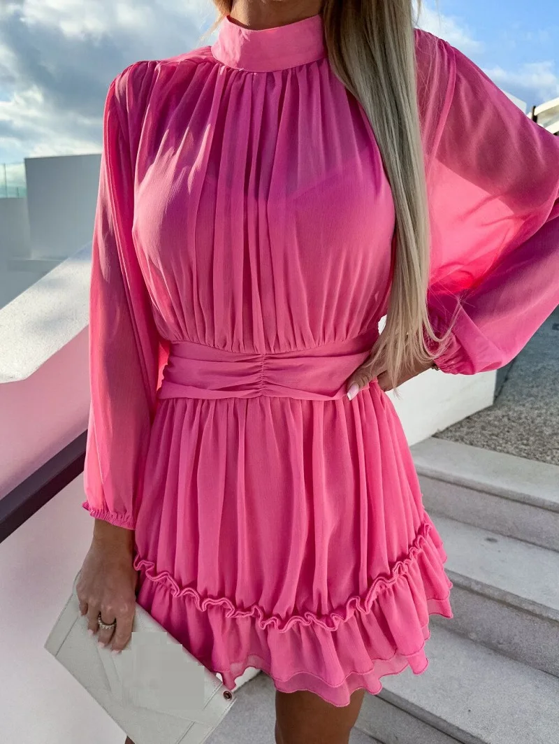 

Black white purple chiffon bohemian dress 2023 Women long sleeve stand collar hem ruffle shirring A-line mini dress