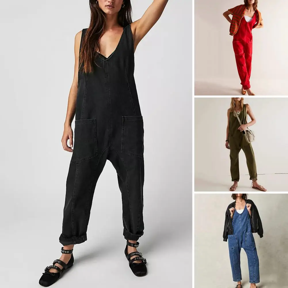 Women Casual Jumpsuit Stylish Women's V-neck Jumpsuit with Adjustable Straps Pockets Relaxed Fit Denim Bib for Streetwear