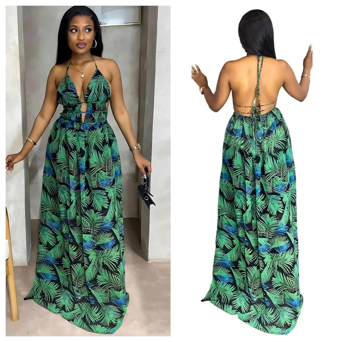 

Green Leaves Print Halter Lace Up Bandage Maxi Long Dress Elegant Sexy Backless Bohemia Vintage Vestidos Summer Robe