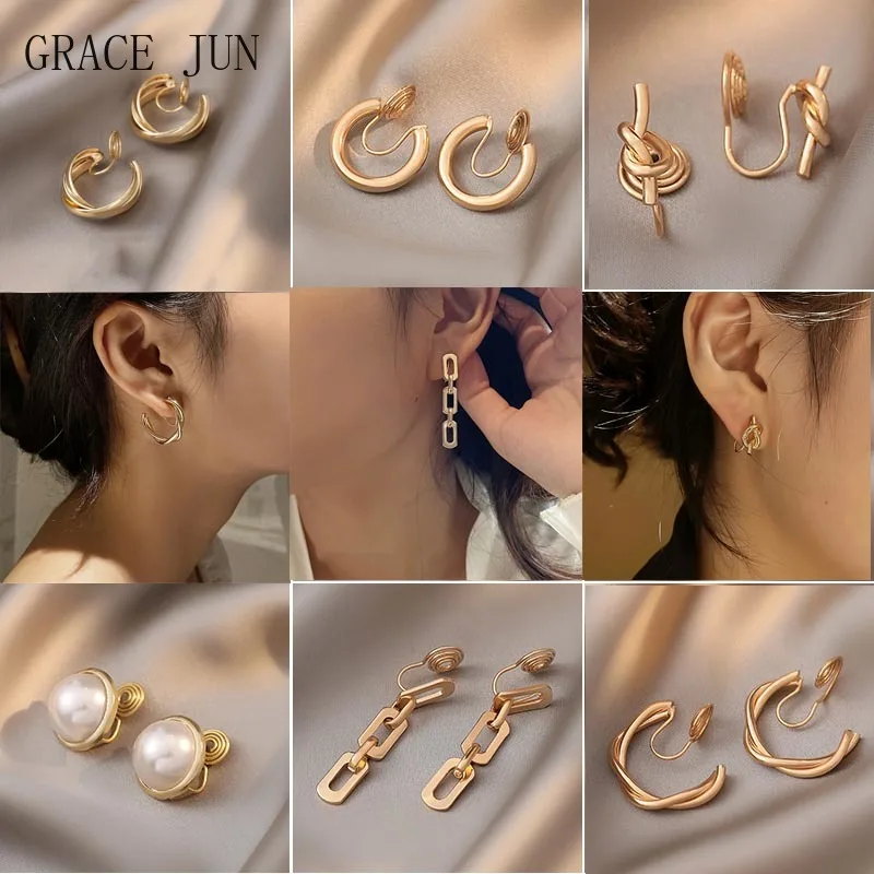 GRACE JUN Hot Sale Mosquito Coil Clip on Earrings Women Girls Fashion Korean Style Gold Color No Pierced Cuff Hoop Earrings New