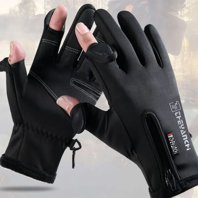 Winter Fishing Gloves Leak Two Fingers Sports Touch Screen Warm Padded Gloves Waterproof Cycling For Men And Women