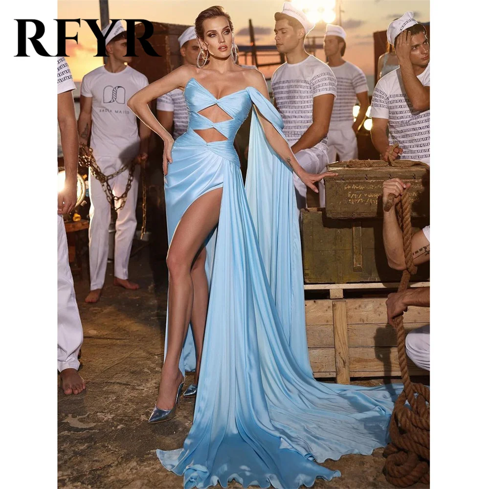 

RFYR Light Blue Prom Dress Sweetheart Mermaid Evening Dresses Bow Hollow Cap Sleeves Satin Party Dress Sexy High Side Slit 프롬드레스