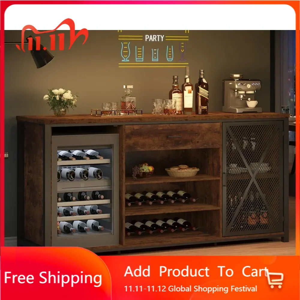 Large Bar Cabinet with Fridge Space, Rustic Long Liquor Cabinet with Drawer Storage, Farmhouse Wood Metal Wine
