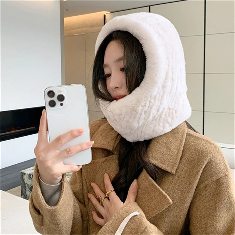 

Korean Version Of Rex Rabbit Fur Grass Hat Neck Women's Winter Warm Elastic Knitted Hat Outdoor Thickened Ski Hat