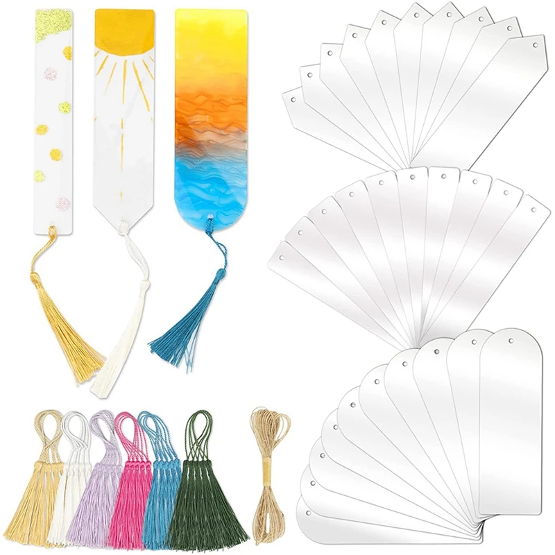 

PPYY-30Pcs DIY Acrylic Bookmark Blank Transparent Bookmark Tassel Bookmark Set For Notebook, Party Decors