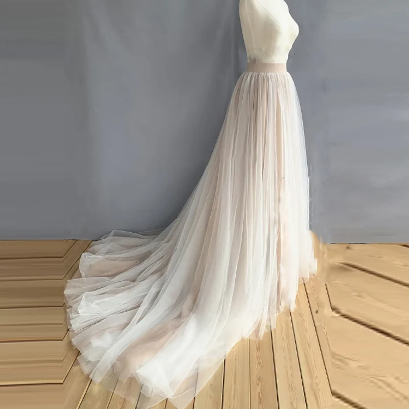 

Soft Tulle Skirt with Train jupe femme Smoothy Elastic Waistband Maxi Skirts Women Floor Length