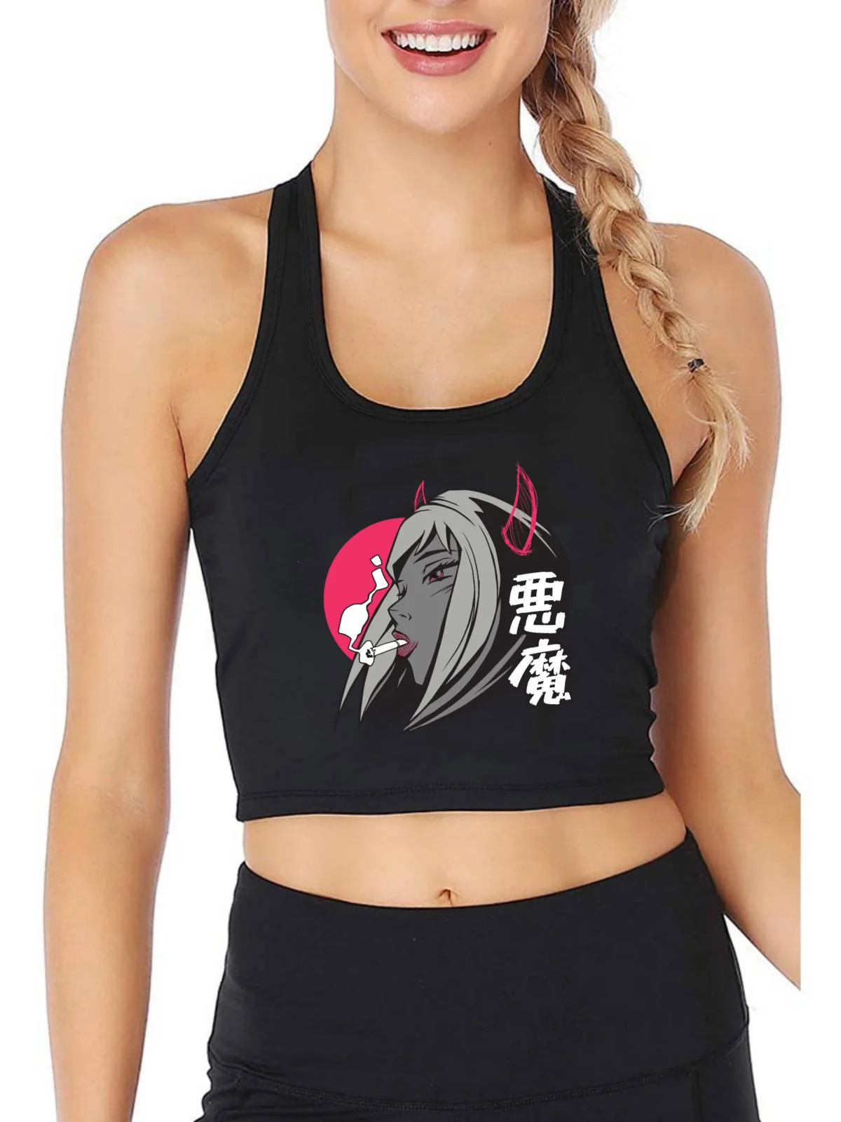 

Devil Girl Graphic Design Fashion Sexy Breathable Slim Fit Tank Tops Women's Casual Yoga Sport Workout Crop Top Summer Camisole