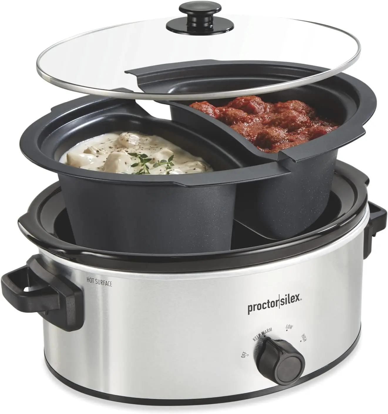 

Dish Slow Cooker with 6qt Crock and Dual 2.5qt Nonstick Insert to Cook Two Meals at Once, Dishwasher Safe Pot & Lid, Silver