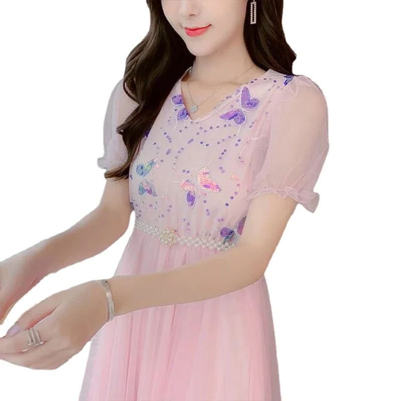 

Mesh Dress Embroidered Sequins Butterfly Sweet French Waist Fairy Dress