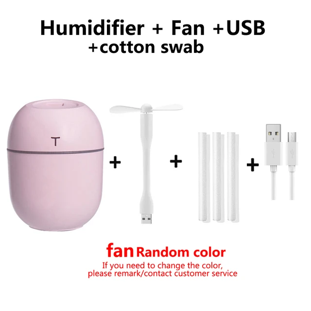200ML Mini Ultrasonic Air Humidifier Romantic Light USB Essential Oil Diffuser Car Purifier Aroma Anion Mist Maker With LED Lamp pink -fan