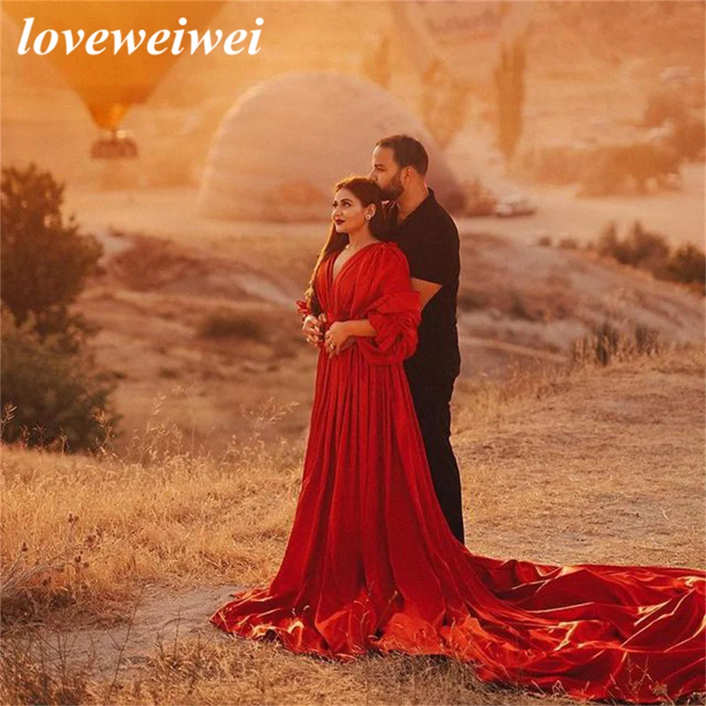 Фото Вечерние платья Loveweiwei трапециевидного силуэта с V-образным вырезом, платья с длинным рукавом для выпускного вечера, оранжевые платья со шлейфом для выпускного вечера, платья для вечеринки №3