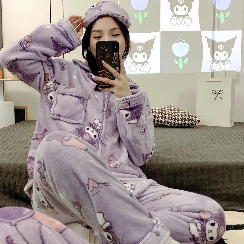 

Kawaii Sanrio Pajama Lovely Hello Kitty Kuromi Flannel Autumn Winter Warm Pajamas Pajamas and Eye Masks Christmas Home Clothing