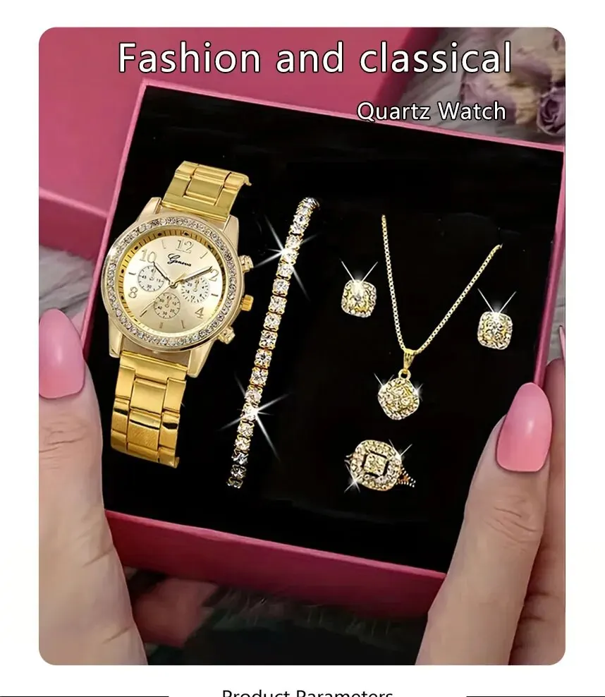 S7cf4e6ac2d724f83a3676bbe85647e53r 5 PCS Set Gold Watch Women Luxury Ring Necklace Earrings Rhinestone Fashion Wristwatch Female Casual Watches Bracelet Set Mallzona