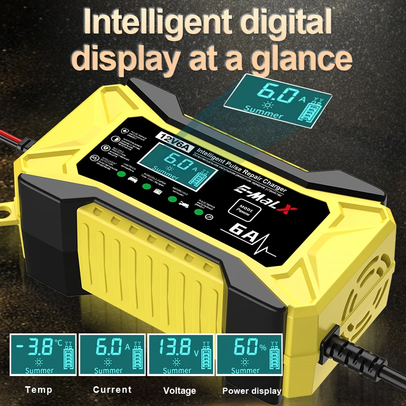 12V 6A Car Battery Charger Smart Electric Motorcycles Charger For LiFePO4 Lead Acid AGM GEL EFB 14.6V 6A Lithium Battery Repair