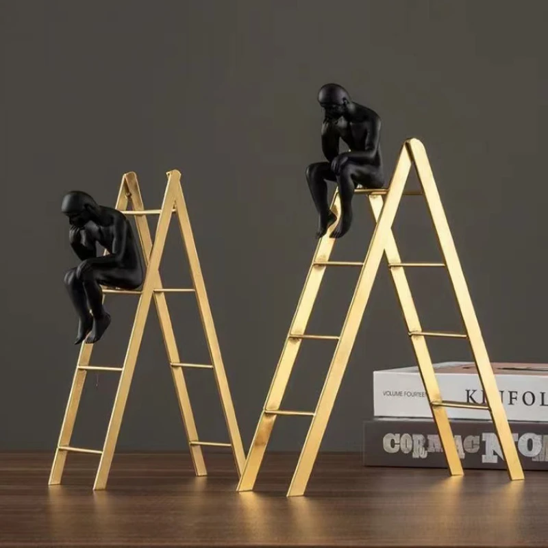 

Nordic Thinker Statue Resin Figurines on Herringbone Ladder Modern Home Decoration Crafts Living Room Desktop Bookcase Ornaments