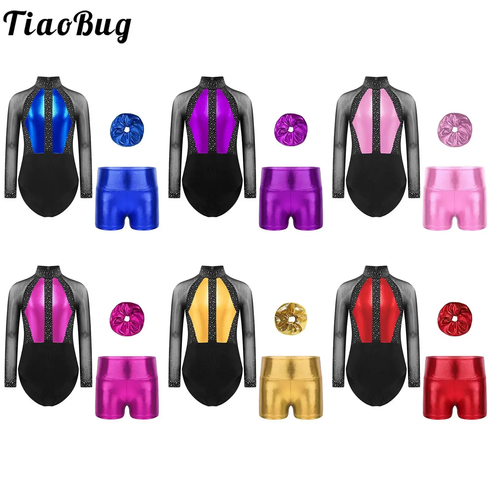 Kids Girls Gymnastics Dance 6 to 16 Years Long Sleeve Rhinestones Leotard with Metallic Shorts Headwear for Figure Skating
