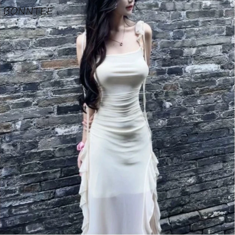

Dresses Women Irregular Design Ruffles Sleeveless Slim Sexy European Style Hip Wrapped Mesh Hot Girls Y2k Summer Stylish Vestido