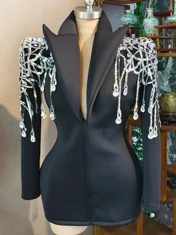 

Diamonds Black Suit Slim-fit Jacket Singer Stage Show Dress Party Drag Queen Performance Costume Women Birthday Gift