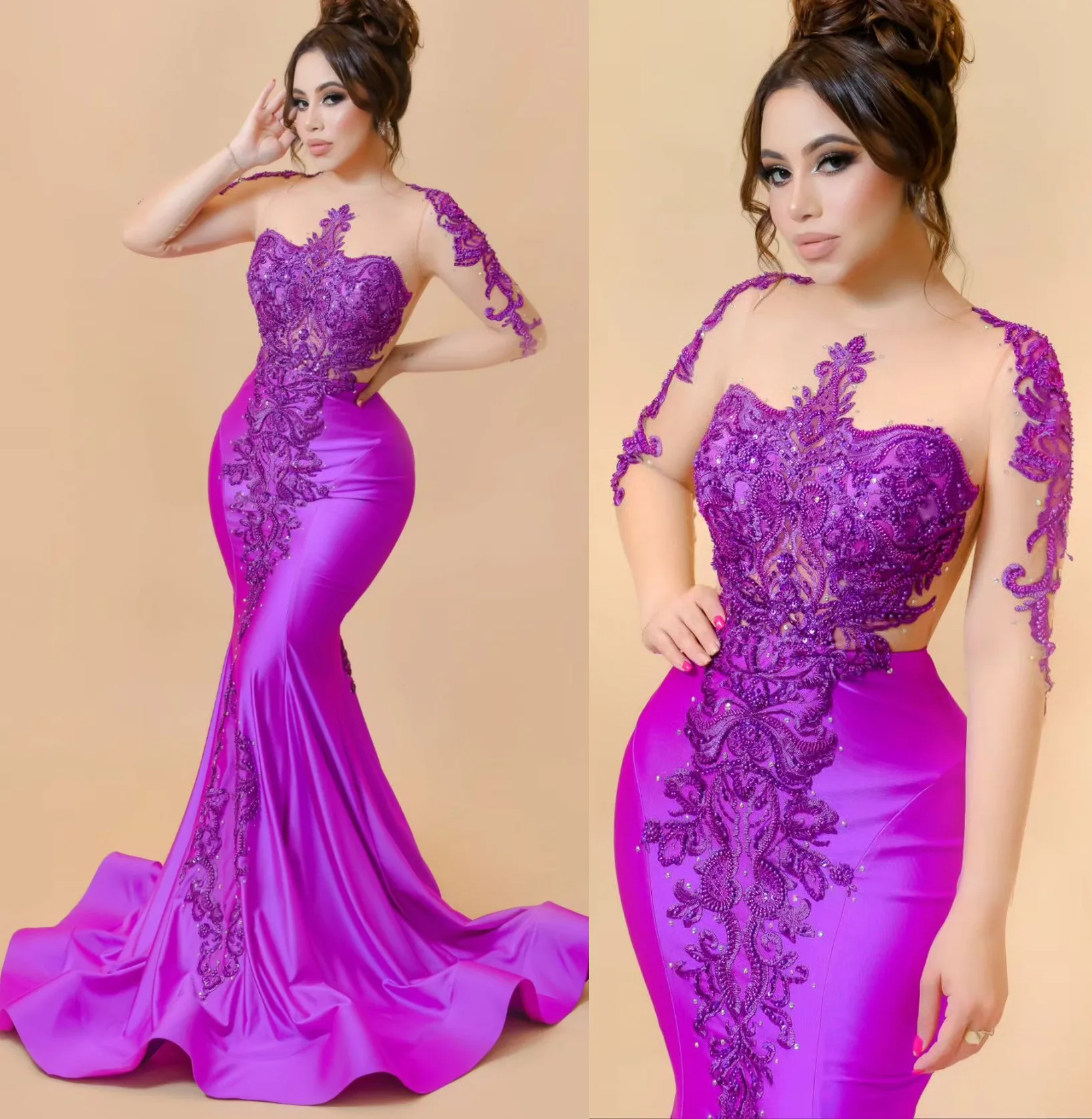 

2024 Purple Mermaid Prom Dresses Lace Beaded Evening Formal Party Second Reception Birthday Engagement Gowns Dress ZJ36