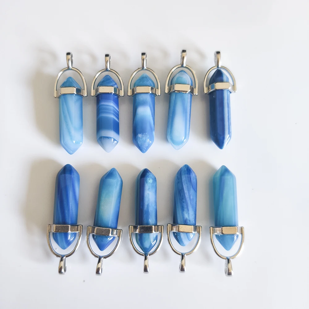 Stripe Agate Hexagonal Prism Shape Pendants Reiki Healing Pendulum Charms For DIY Necklace Earrings Jewelry