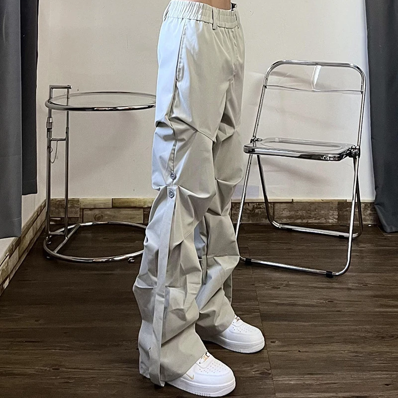IEFB High Street Pleated Overalls Men's Pants Fashion Loose Straight Button Casual Male Trousers Solid Color Darkwear 9A6007 wide leg pants