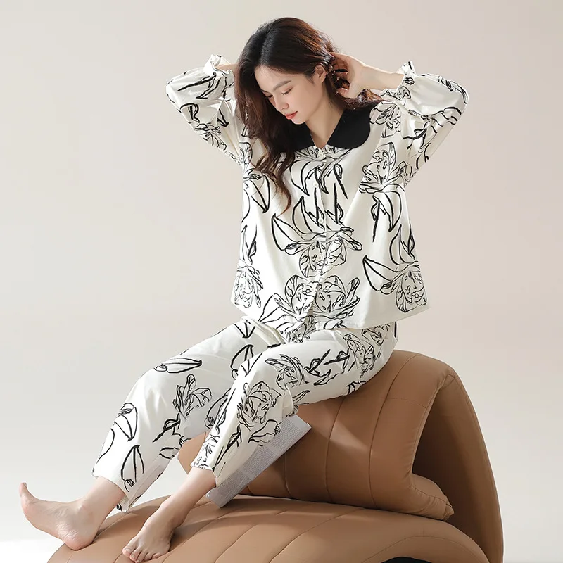 2014 Spring Pajamas Women's Long Sleeve Wear Doll Collar Floral Print Summer  Suit For Home Sleepwear Pyjamas Set Of Clothes