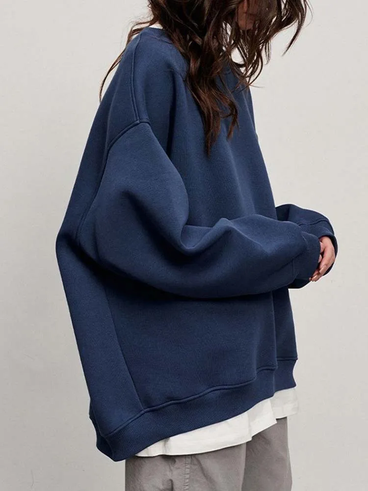 Women Sweatshirt 2023 Autumn Winter Solid Fleece Oversized Pullovers Female Casual O Neck Loose Hoodies