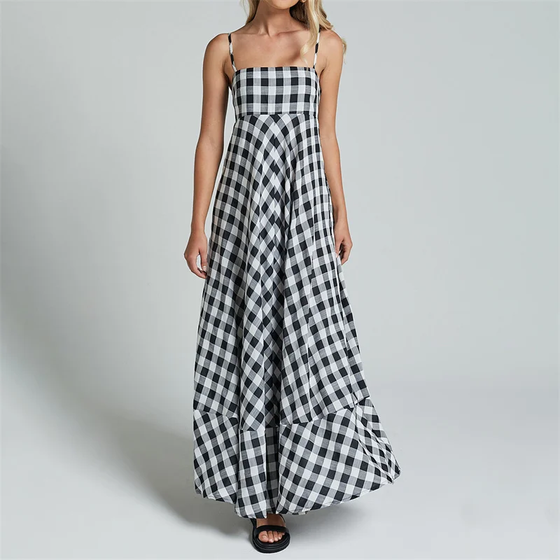 Summer Long Dresses Women Plaid Print Spaghetti Strap Sleeveless A Line Dresss Vacation Party Dresses Beachwear