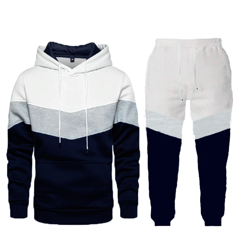 Autumn Winter Loose Casual Patchwork Hoodies Elastic Waist Sweatpants Set Male Fashion Pocket Pullover Hooded Top Pants Suit Men