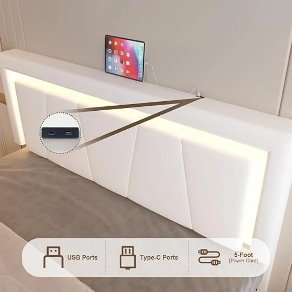 Bed Frame LED Lights 4 Stoarge Drawers Adjustable Headboard Upholstered Platform Bed Type-C&USB Ports