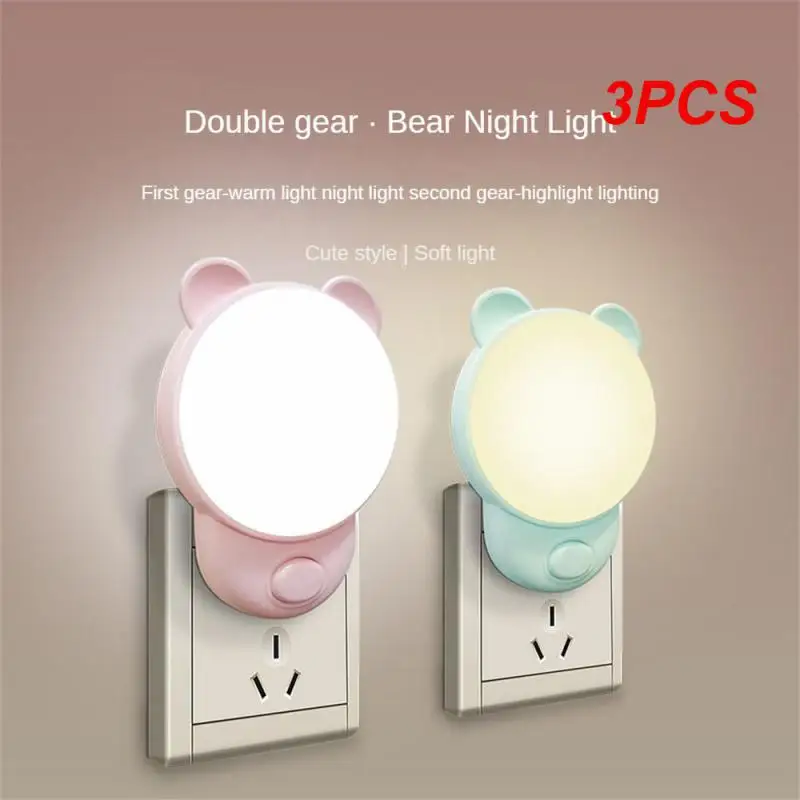 

3PCS Bear LED Night Lamp Two-Color Warm Light White Light Baby Sleeping Light EU Pulg-in Socket Bedside Wall Lamps for Kid