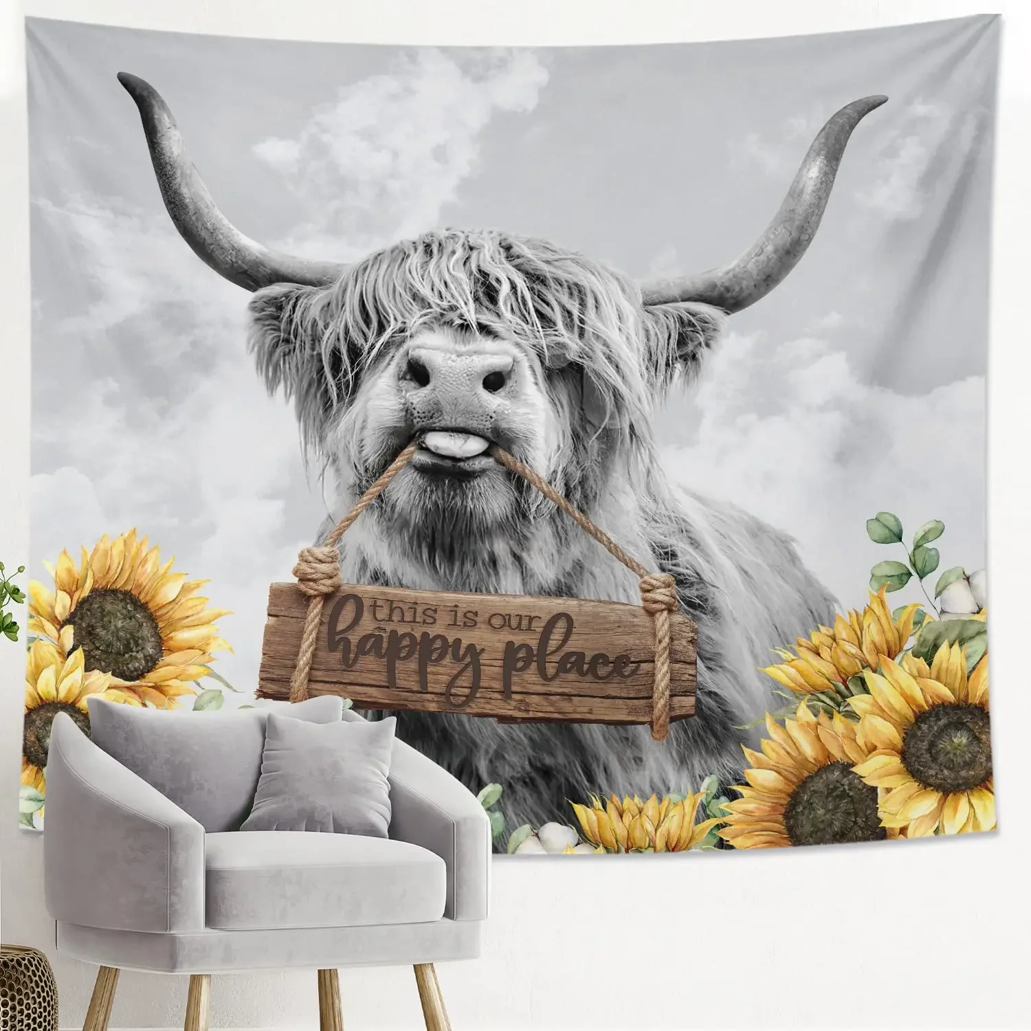 

*Highland Cow Tapestry Farm Bull Wall Hanging Farmhouse Funny Animal Tapestries Sunflower Wall Blanket Cloth Home Bedroom Decor