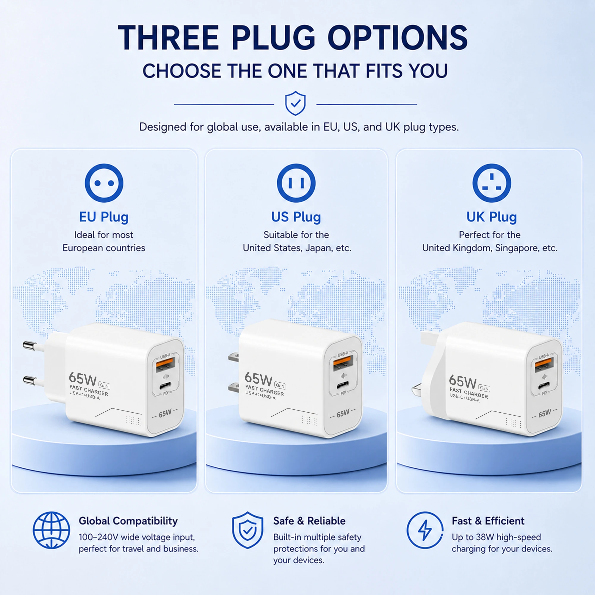 Caricatore USB C GaN da 65W a 2 porte, caricatore rapido per telefono, adattatore di alimentazione per iPhone, Samsung, Xiaomi, tipo C, con spina EU/US, caricatore da parete. - immagine 6
