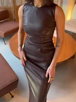 Trendix PU Elegant Maxi Dress For Women's Bodycon Pleated Sleeveless Long Dresses Vacation Casual Street High Waist Party Dress - Image 2