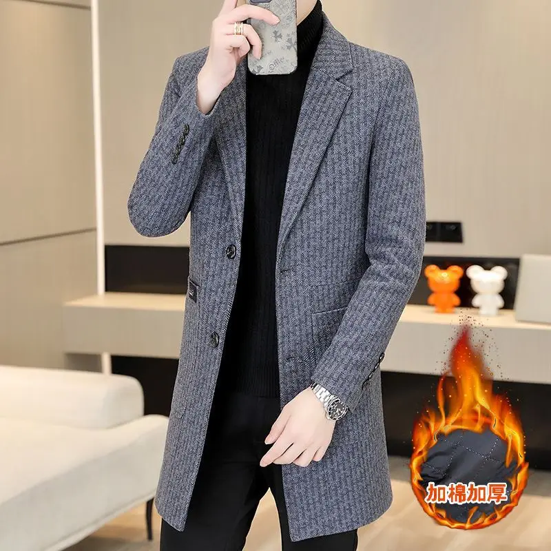 High-quality Autumn Winter Woolen Coats Men Thickened Warm Long Trench Coat Striped Casual Business Streetwear Overcoat Clothes