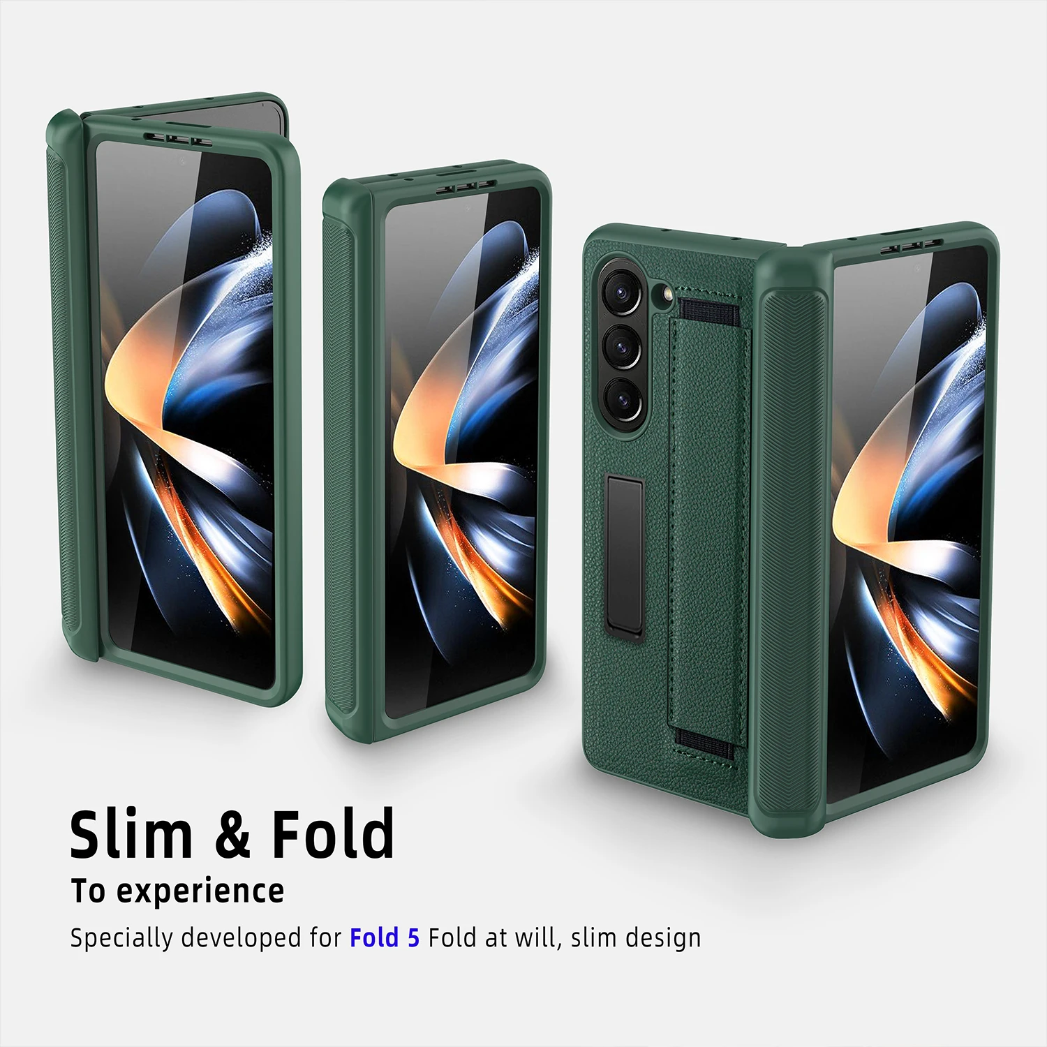 For Samsung Galaxy Z Fold 5 Case Wrist Strap Bracket Leather With Tempered Film Shockproof Folding Protection Cover Accessories