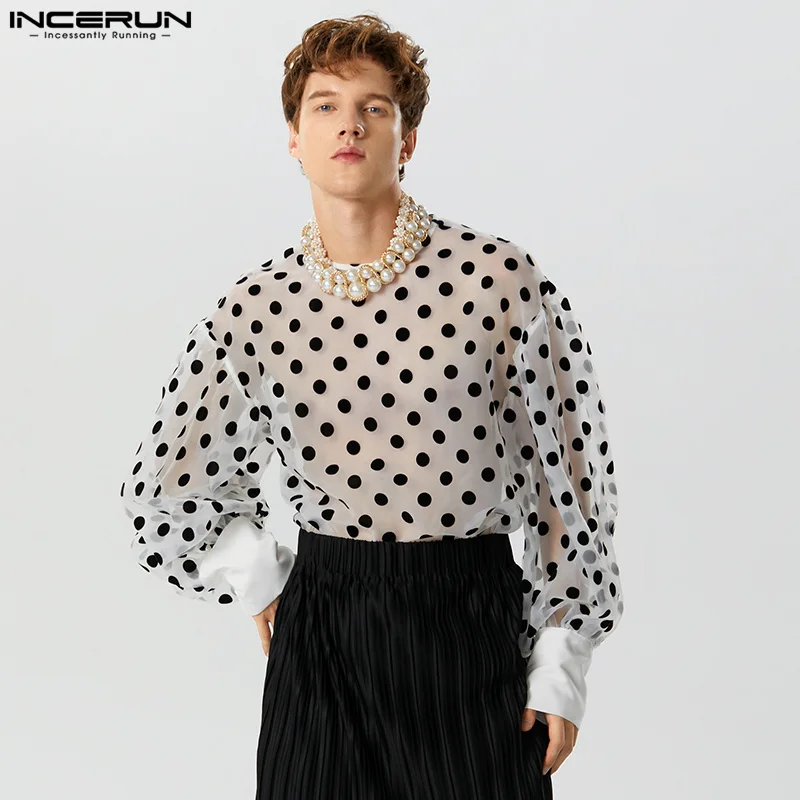 

Топы INCERUN, новинка 2023, мужская стильная блузка в горошек в американском стиле, повседневные перспективные рубашки с длинными рукавами