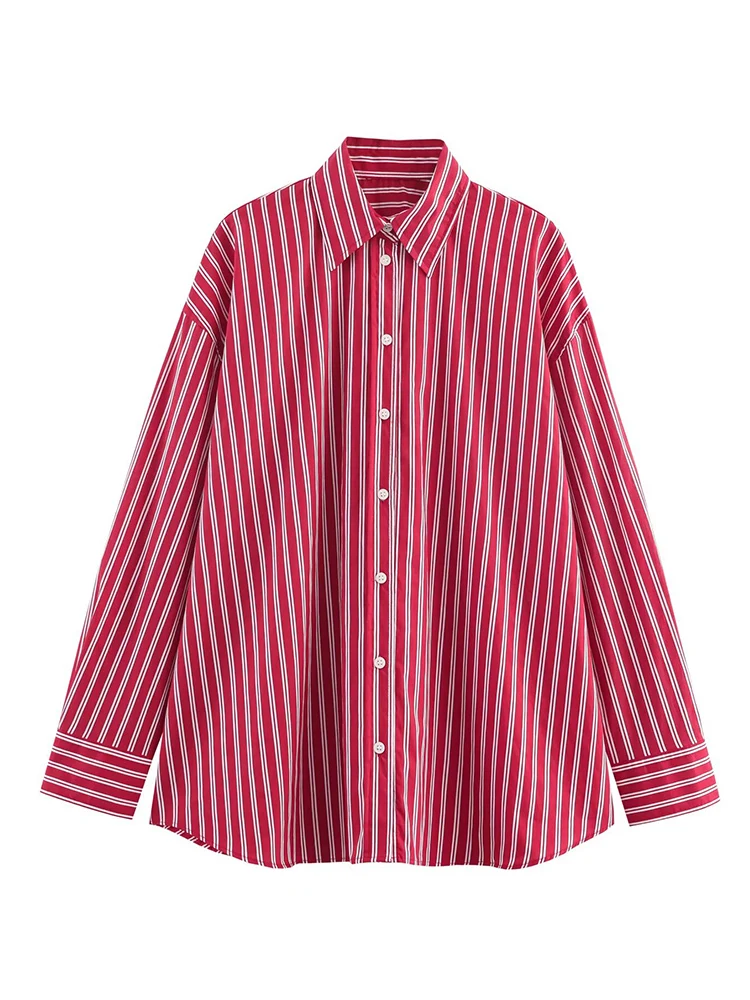  New Product Women's Casual Striped Shirts Fashion Simple Versatile Striped Lapel Collar Long Sleeve Commuter Loose Blouse