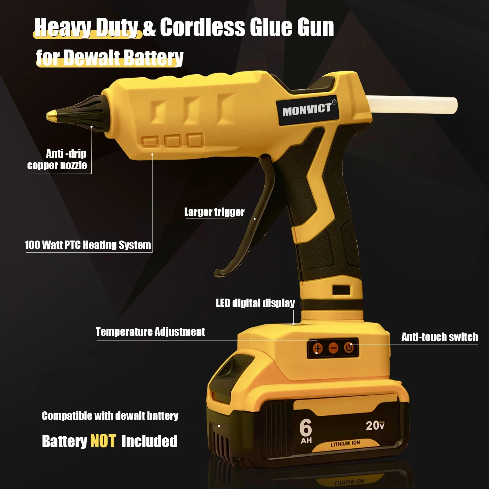 Upgraded 100W Cordless Glue Gun for Dewalt 20V Battery,  Digital Temperature Adjustable Full Size Heavy Duty with 10 Glue Sticks 3