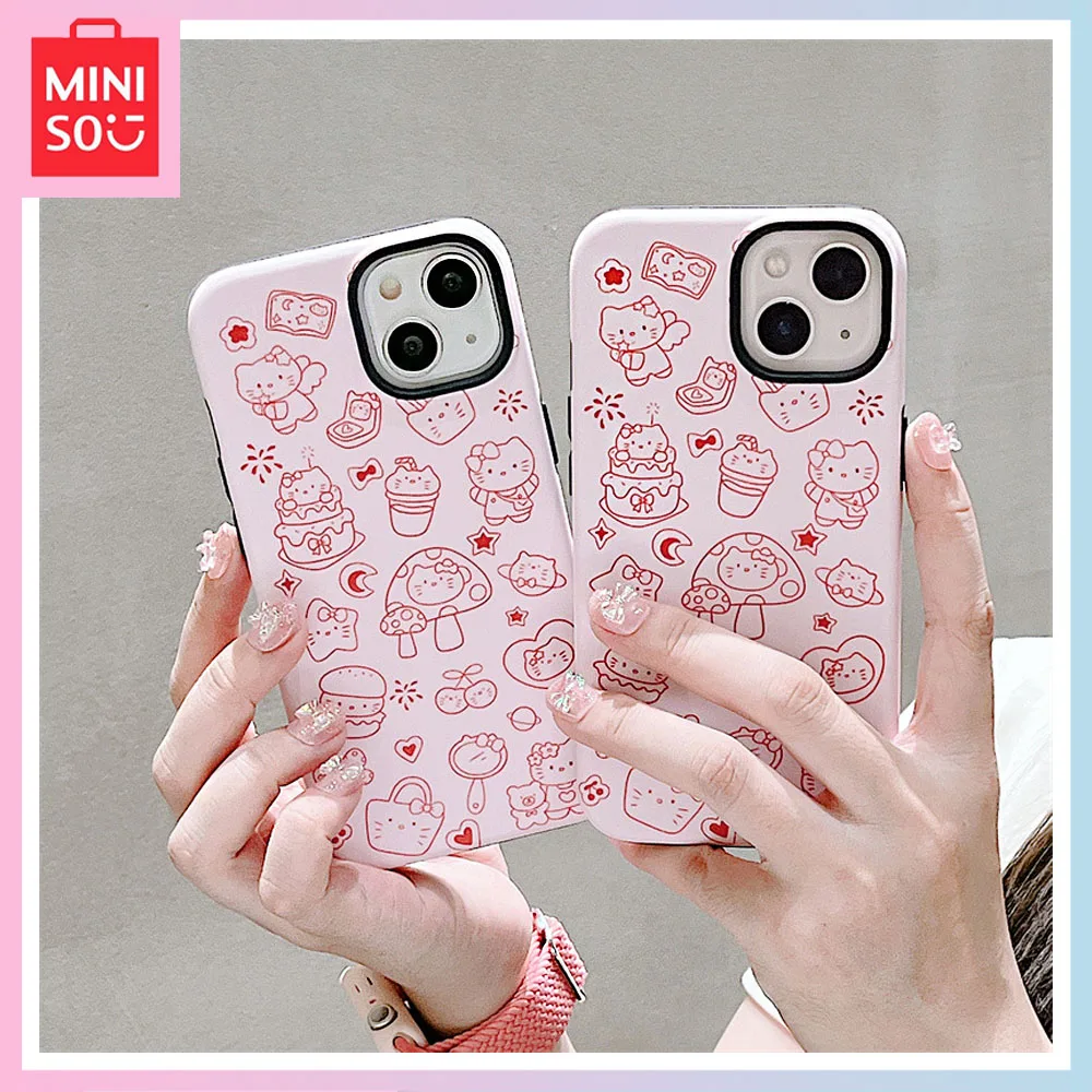 

Miniso Pink Line Cute Hello Kitty iPhone15Promax Sweet 13 Phone Case 12 Cartoon Fun Girl Protective Case Birthday Christmas Gift