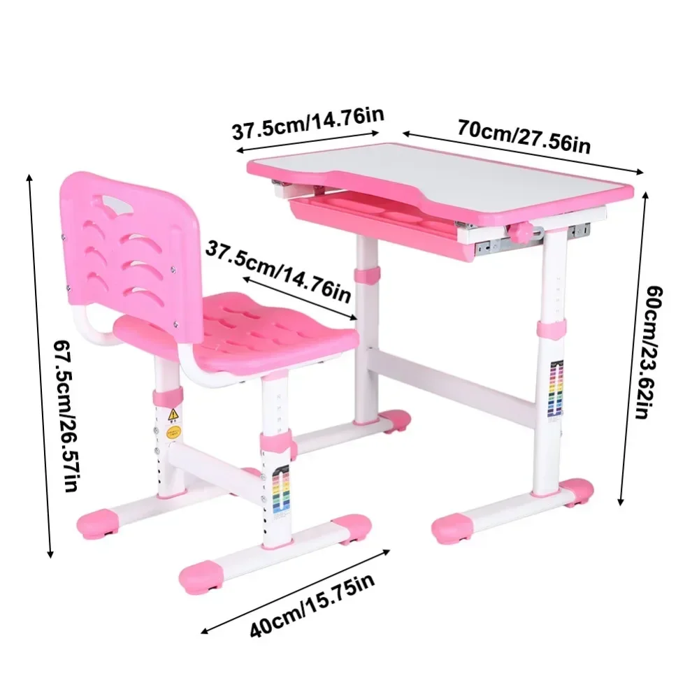 Table Set, Adjustable Pull Out Drawer Kids Study Homework Desk Chair Children Activity Art Table Set(Pink), Set Kids