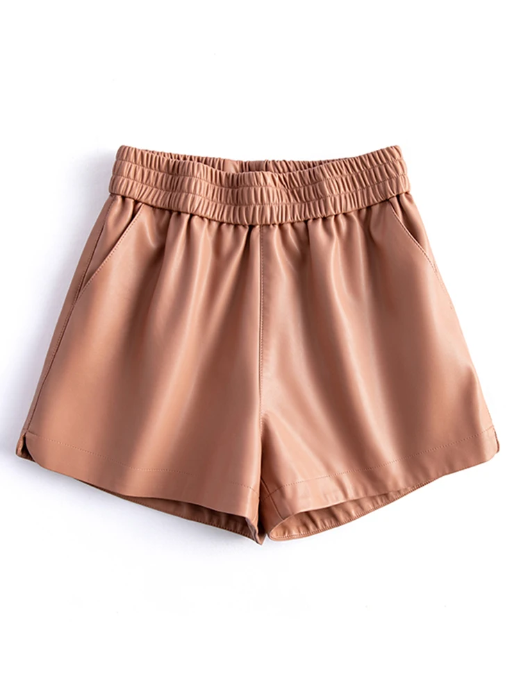 New 2024 Real Leather Shorts for Women Wide Leg Short Women Genuine Sheepskin Leather Pants High Waist Black Shorts Ropa Mujer 4