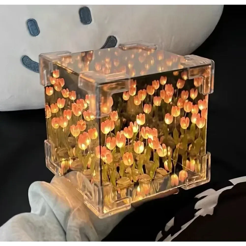 Night Light,Three Dimensional Night Lamp,Miniature Lamp,Creative Diy Tulip Flower Sea Cube,Three-Dimensional Small Night Lamp Material Package,for Girlfriend Couple Girlfriends