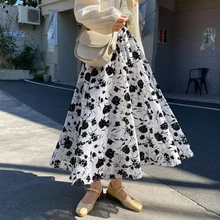 

Women Casual Skirt Fashion 2022 Spring Loose Floral Printing Patchwork Korea Style Spring Fall A-line Skirt For Ladies Elegant
