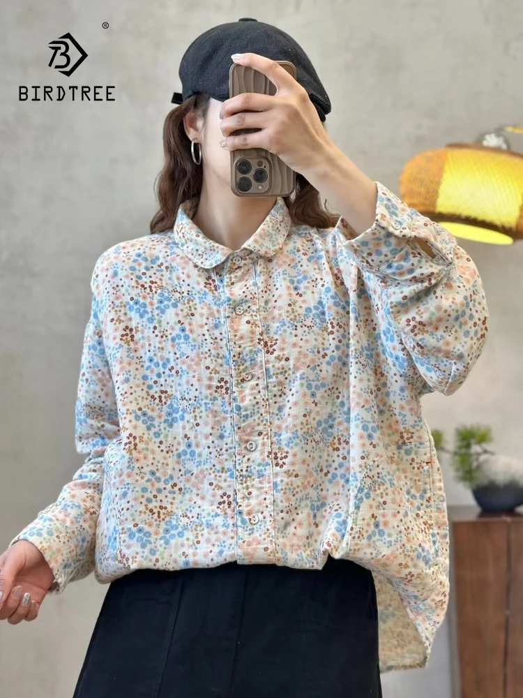 

New Spring Cotton Yarn Elegant Shirt Women Lapel Long Sleeve Tops Girl Flower Printed Pastoral Style Blouse 2024 Autumn T44334QC