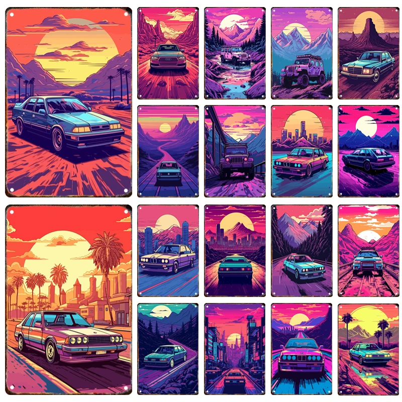 

Vintage Car Metal Poster Signage Tin Painting Neon Car Plaque Garage Club Bar Modern Home Wall Art Decorative Panel Mural Gift