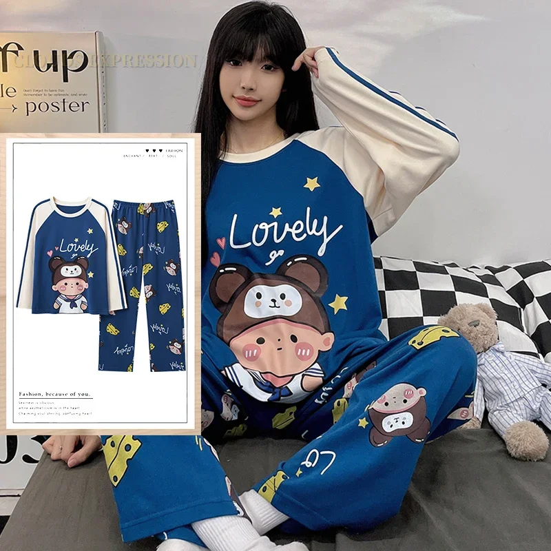 Spring Autumn Knttted Women's Pajamas Sets Teen Funny Pjs Cartoon Dinosaur Sleepwear Homewear Girls Pijamas Mujer Pyjama Fashion