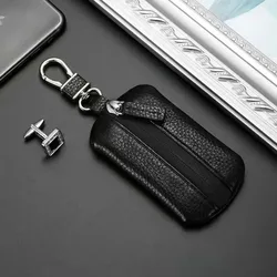 Elegant Genuine Leather Car Key Bag - Waterproof Zipper, Durable Soft Pouch (Black)